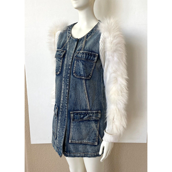 Womens Denim Top or Jacket w Rabbit Fur Knit Ribbed Sleeves Snap Down S Sz 4 - Picture 2 of 10